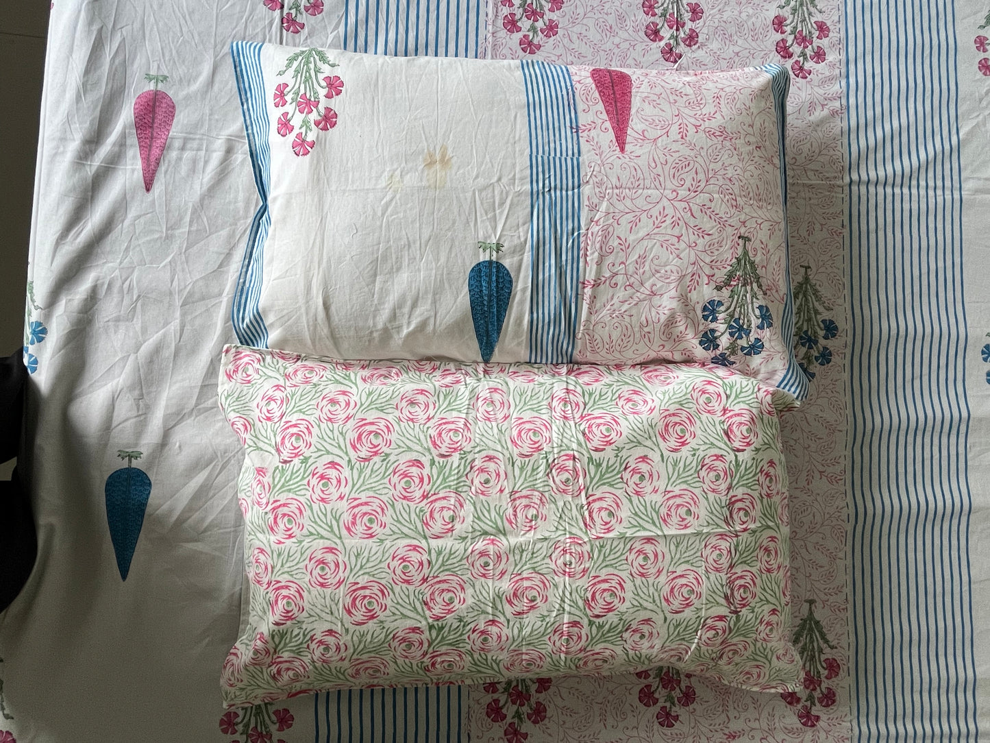 Handblock Printed Blue Stripes Double Bedsheet