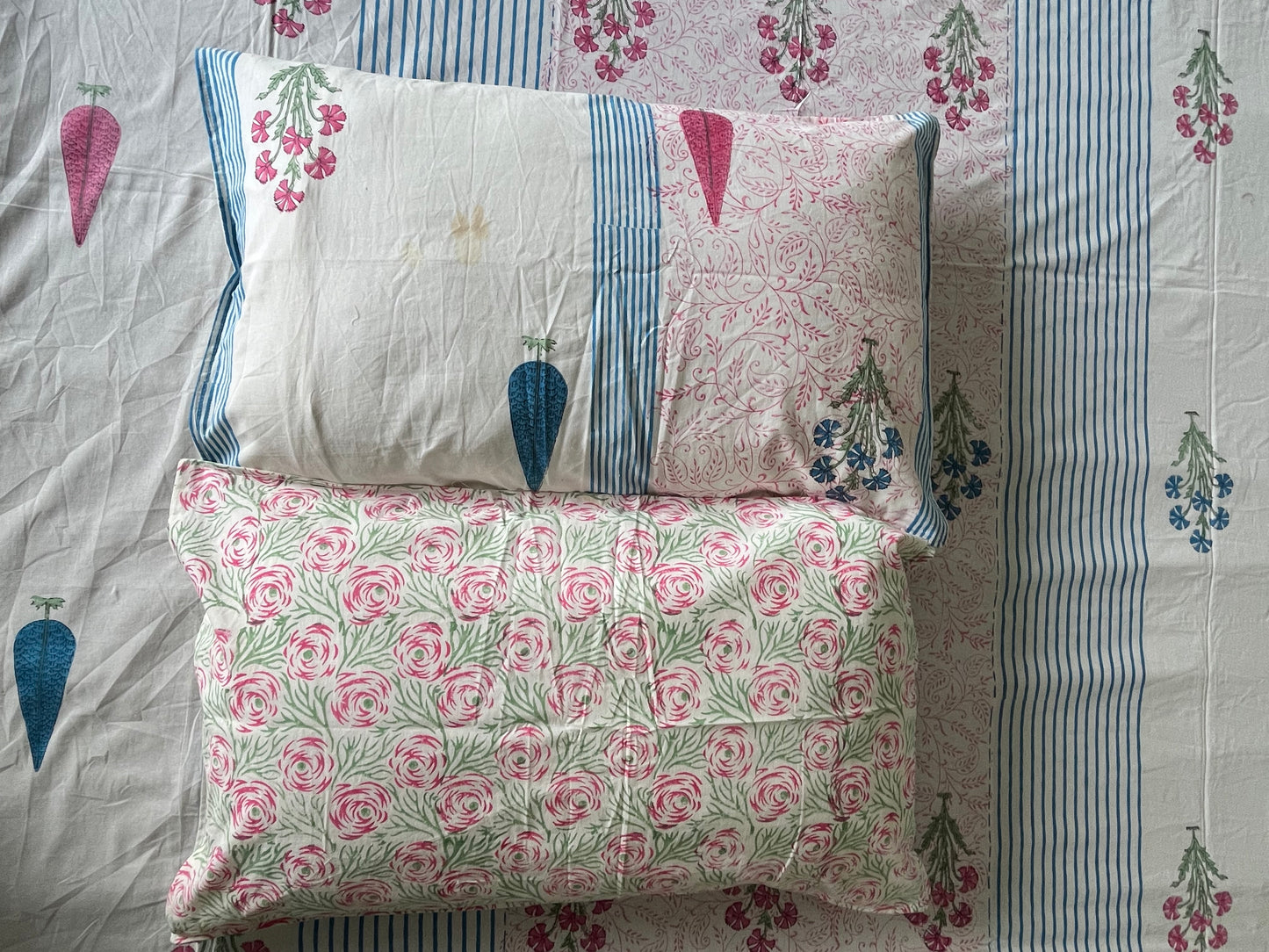 Handblock Printed Blue Stripes Double Bedsheet