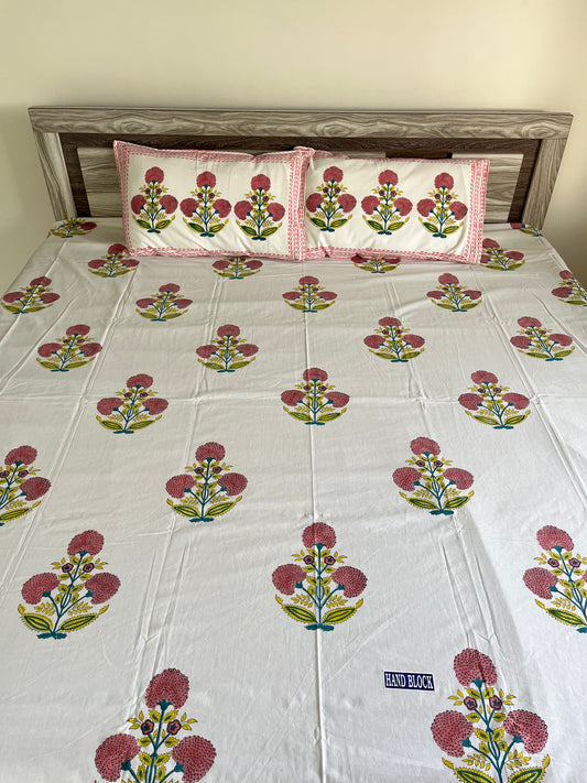 Handblock Pink flower bedsheet