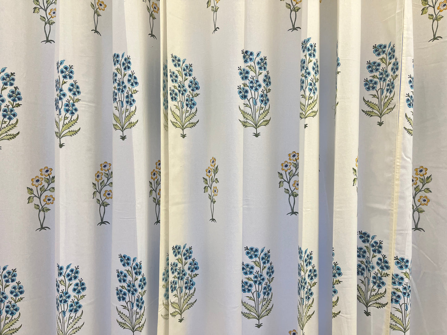 White Handblock Curtain with Blue and Green floral pattern 2