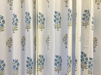 White Handblock Curtain with Blue and Green floral pattern 2