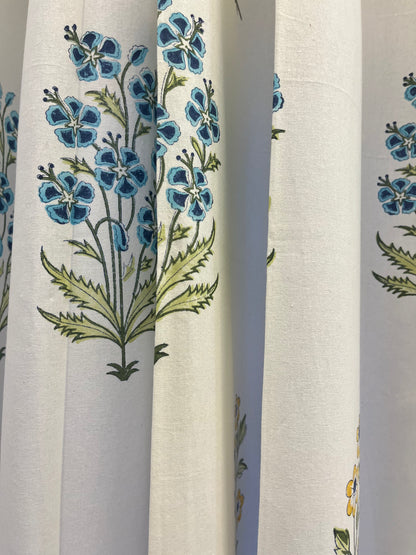White Handblock Curtain with Blue and Green floral pattern 2