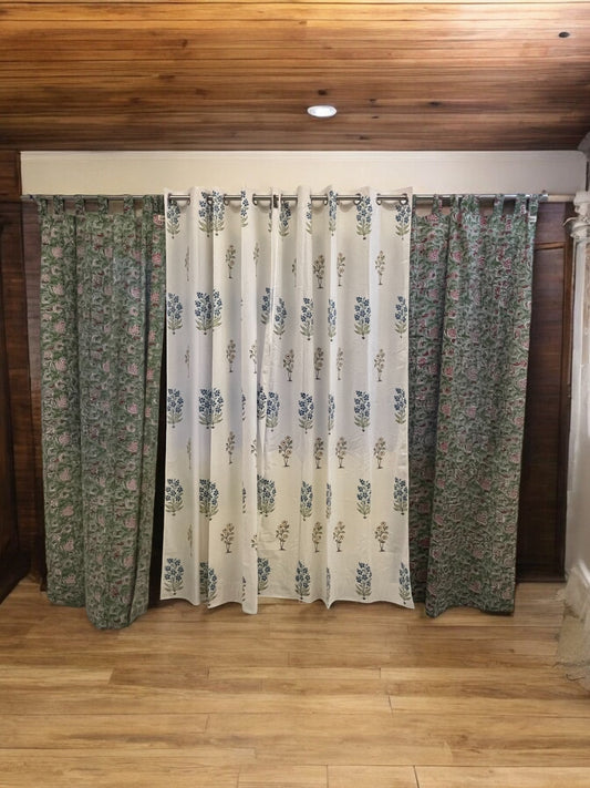 GREEN FLORAL CURTAIN WITH RED FLOWER SET OF 2