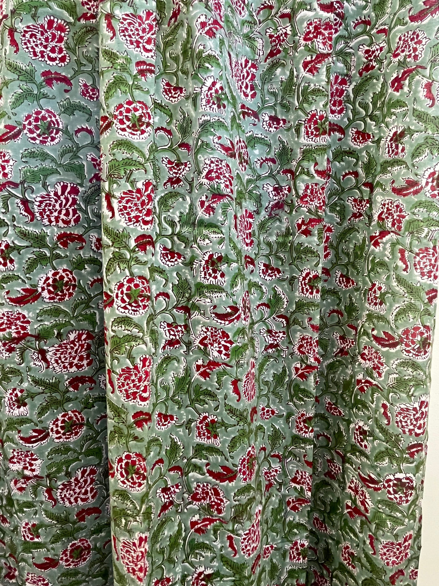 GREEN FLORAL CURTAIN WITH RED FLOWER SET OF 2