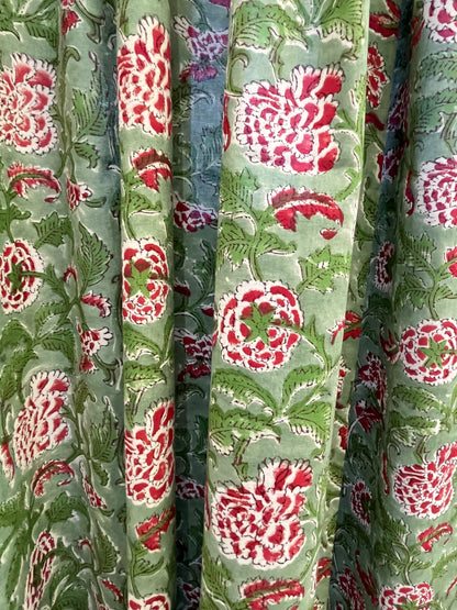 GREEN FLORAL CURTAIN WITH RED FLOWER SET OF 2