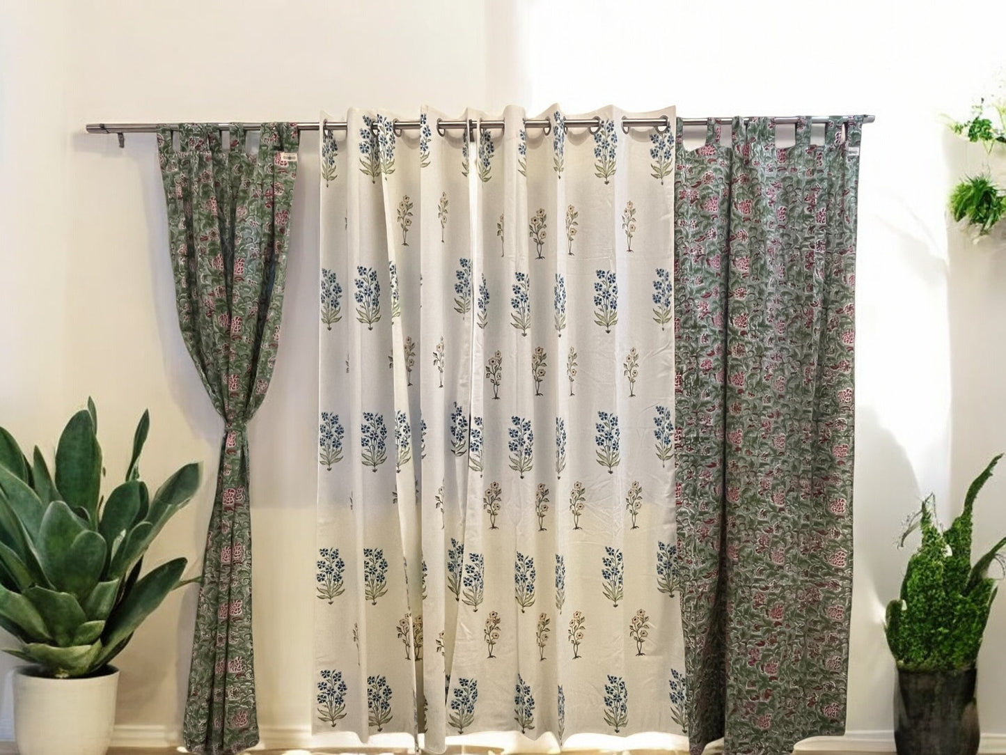 GREEN FLORAL CURTAIN WITH RED FLOWER SET OF 2
