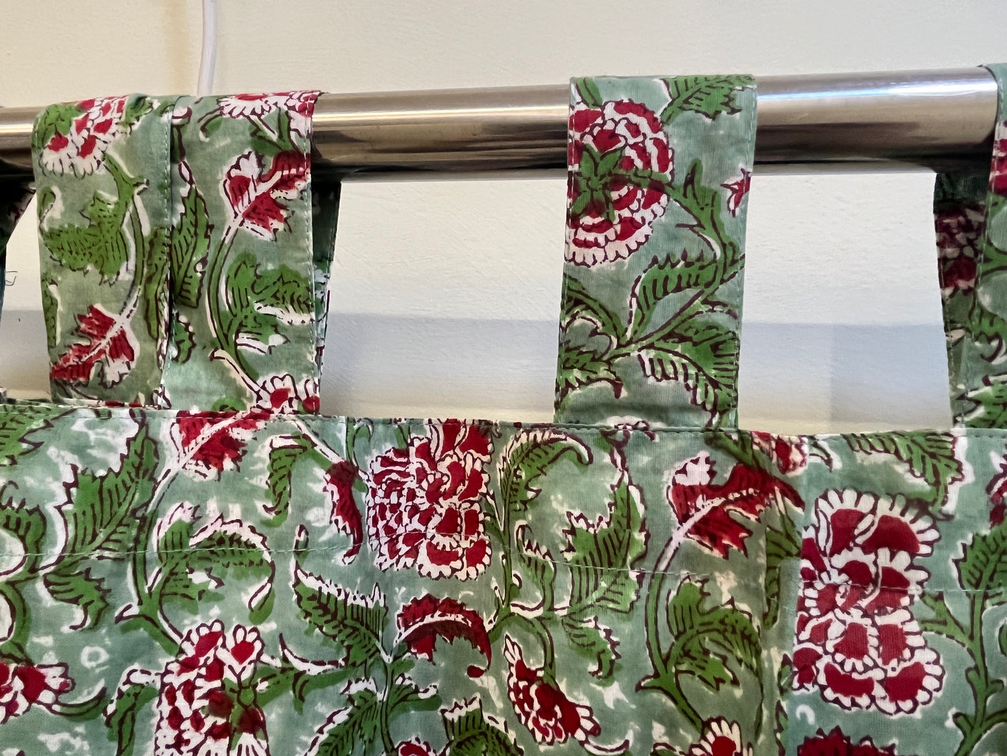 GREEN FLORAL CURTAIN WITH RED FLOWER SET OF 2