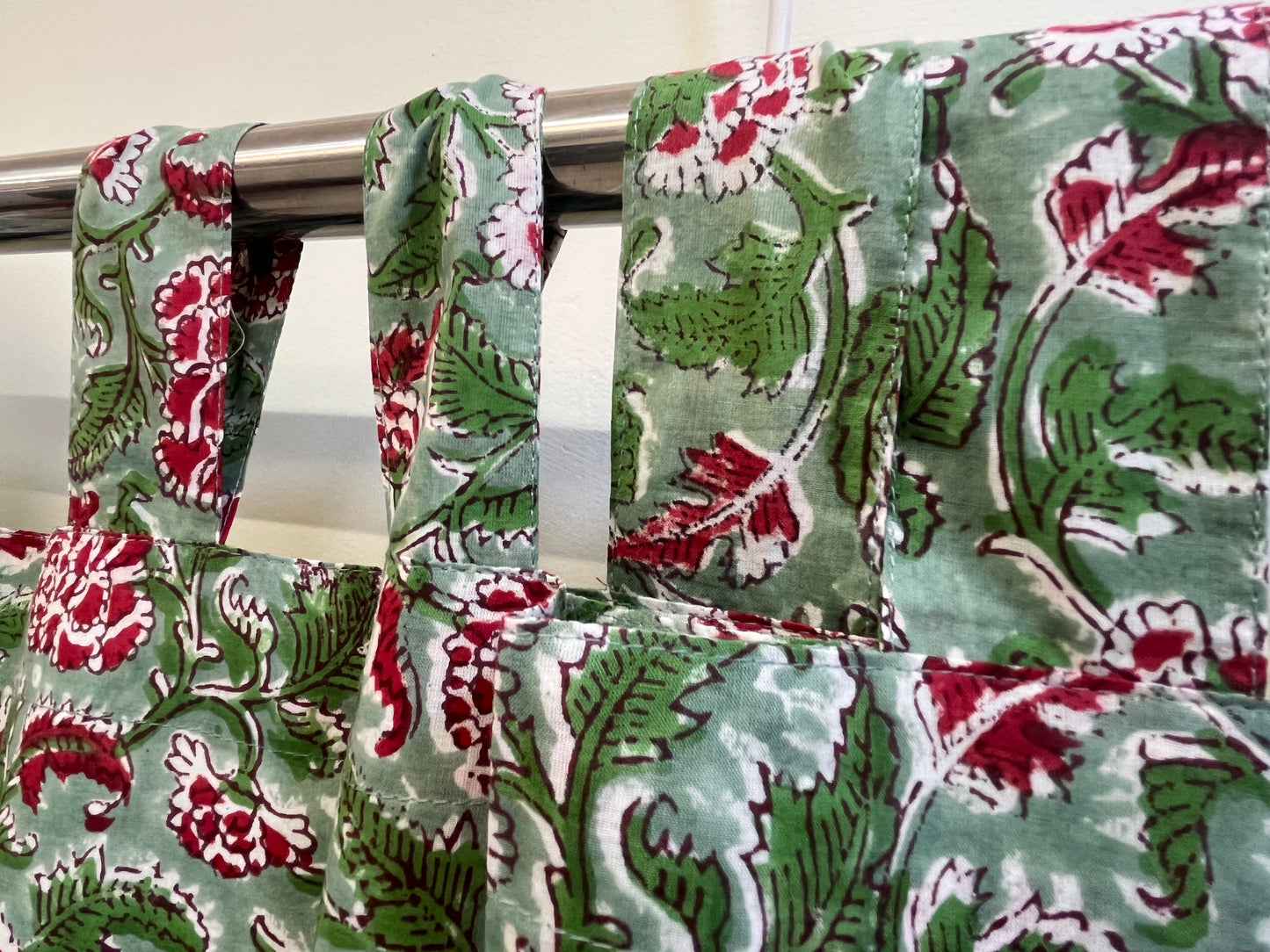GREEN FLORAL CURTAIN WITH RED FLOWER SET OF 2