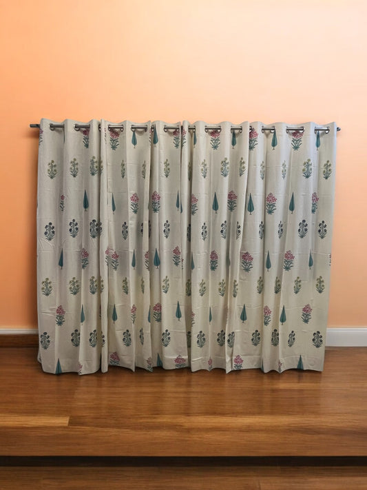 GREEN LEAF FLORAL WHITE HAND BLOCK CURTAIN SET OF 2