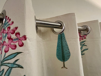 GREEN LEAF FLORAL WHITE HAND BLOCK CURTAIN SET OF 2