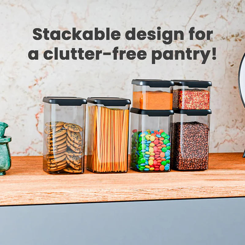 Airtight Kitchen Storage Containers Set – BPA-Free, Freezer Safe, 1100 ml, Black (Pack of 6) for Pantry Organization