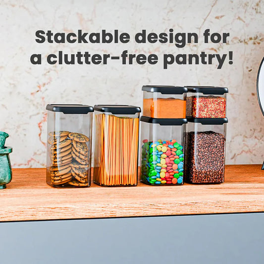 Airtight Kitchen Storage Containers Set – BPA-Free, Freezer Safe, 1100 ml, Black (Pack of 6) for Pantry Organization