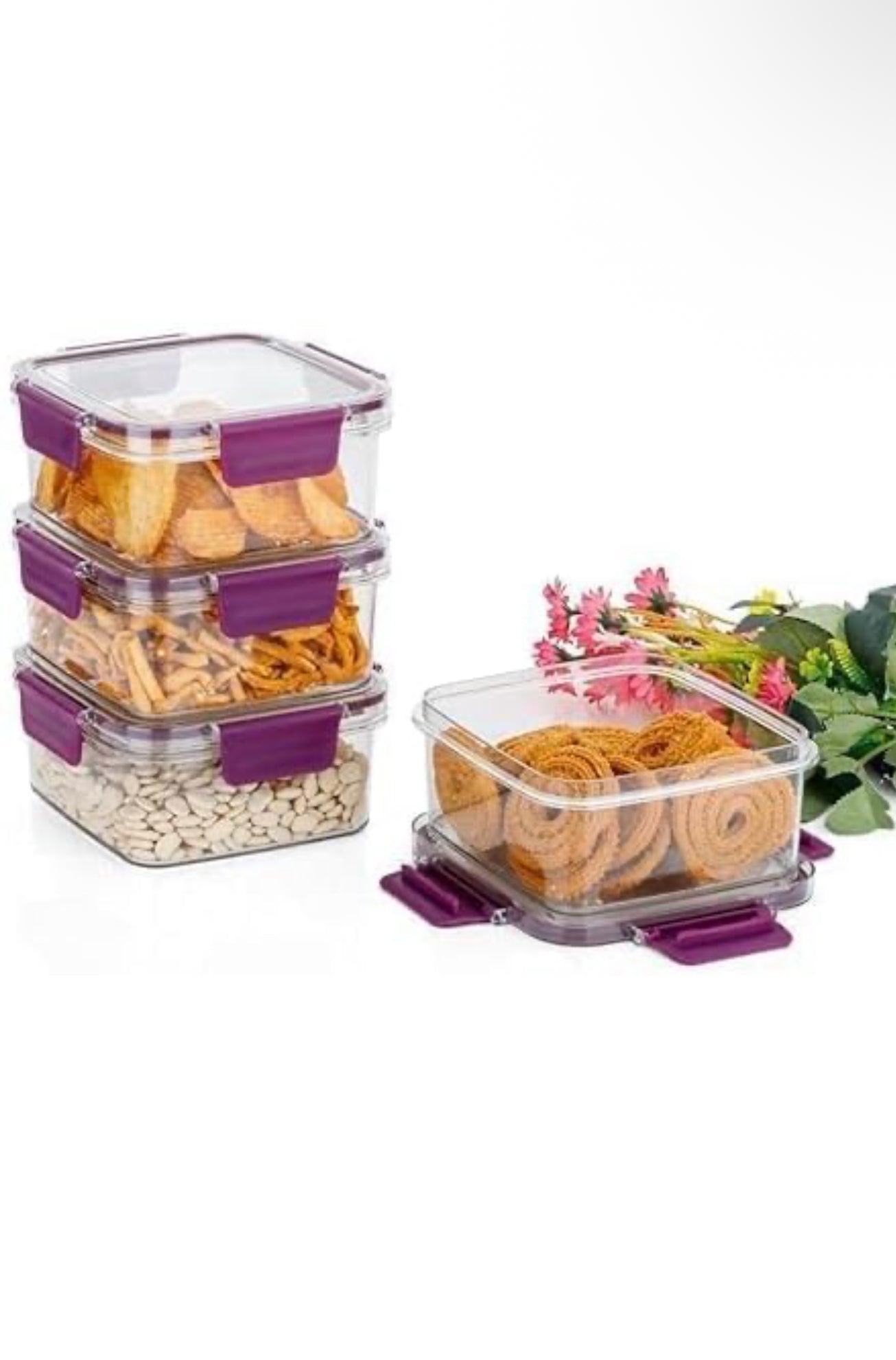 Airtight Flat Storage Containers Set for Kitchen – BPA-Free, Freezer Safe, 450 ml, Purple (Pack of 4) for Pantry Organization