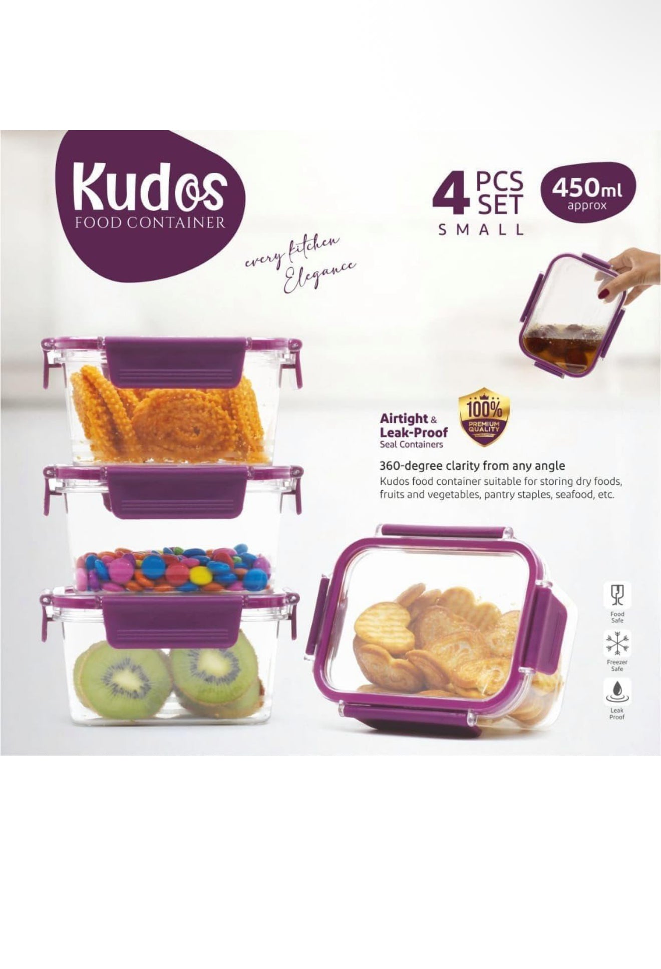 Airtight Flat Storage Containers Set for Kitchen – BPA-Free, Freezer Safe, 450 ml, Purple (Pack of 4) for Pantry Organization