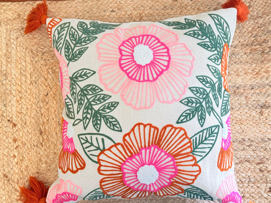 Pop Embroidery Festive Cushion Cover with Pom-Poms – Vibrant Decorative Pillow Cover for Festive Décor