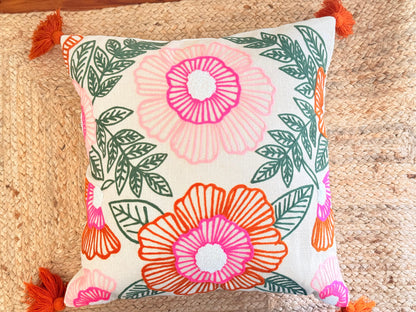 Pop Embroidery Festive Cushion Cover with Pom-Poms – Vibrant Decorative Pillow Cover for Festive Décor