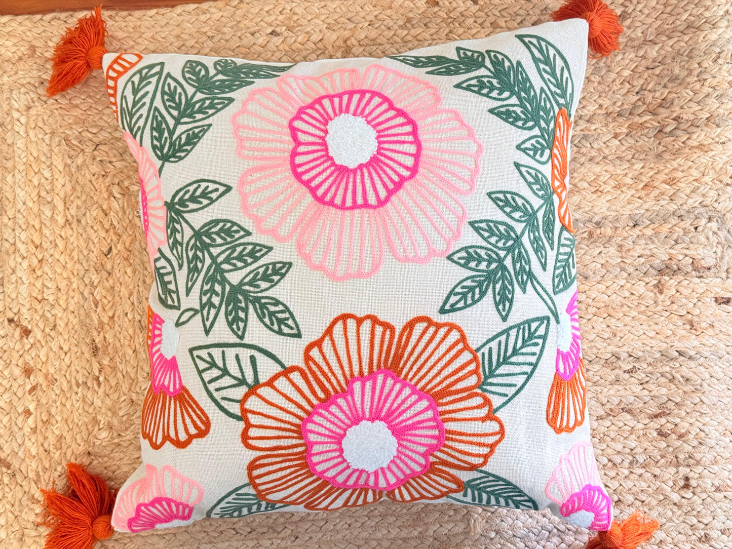 Pop Embroidery Festive Cushion Cover with Pom-Poms – Vibrant Decorative Pillow Cover for Festive Décor