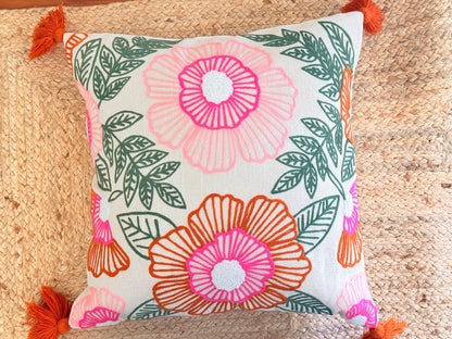 Pop Embroidery Festive Cushion Cover with Pom-Poms – Vibrant Decorative Pillow Cover for Festive Décor