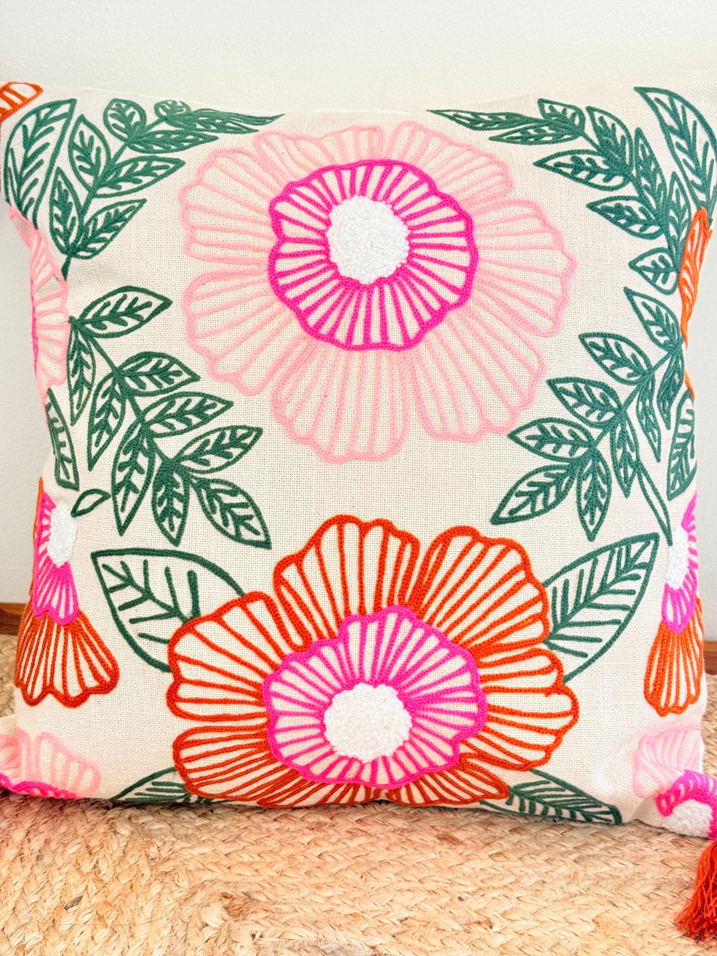 Pop Embroidery Festive Cushion Cover with Pom-Poms – Vibrant Decorative Pillow Cover for Festive Décor