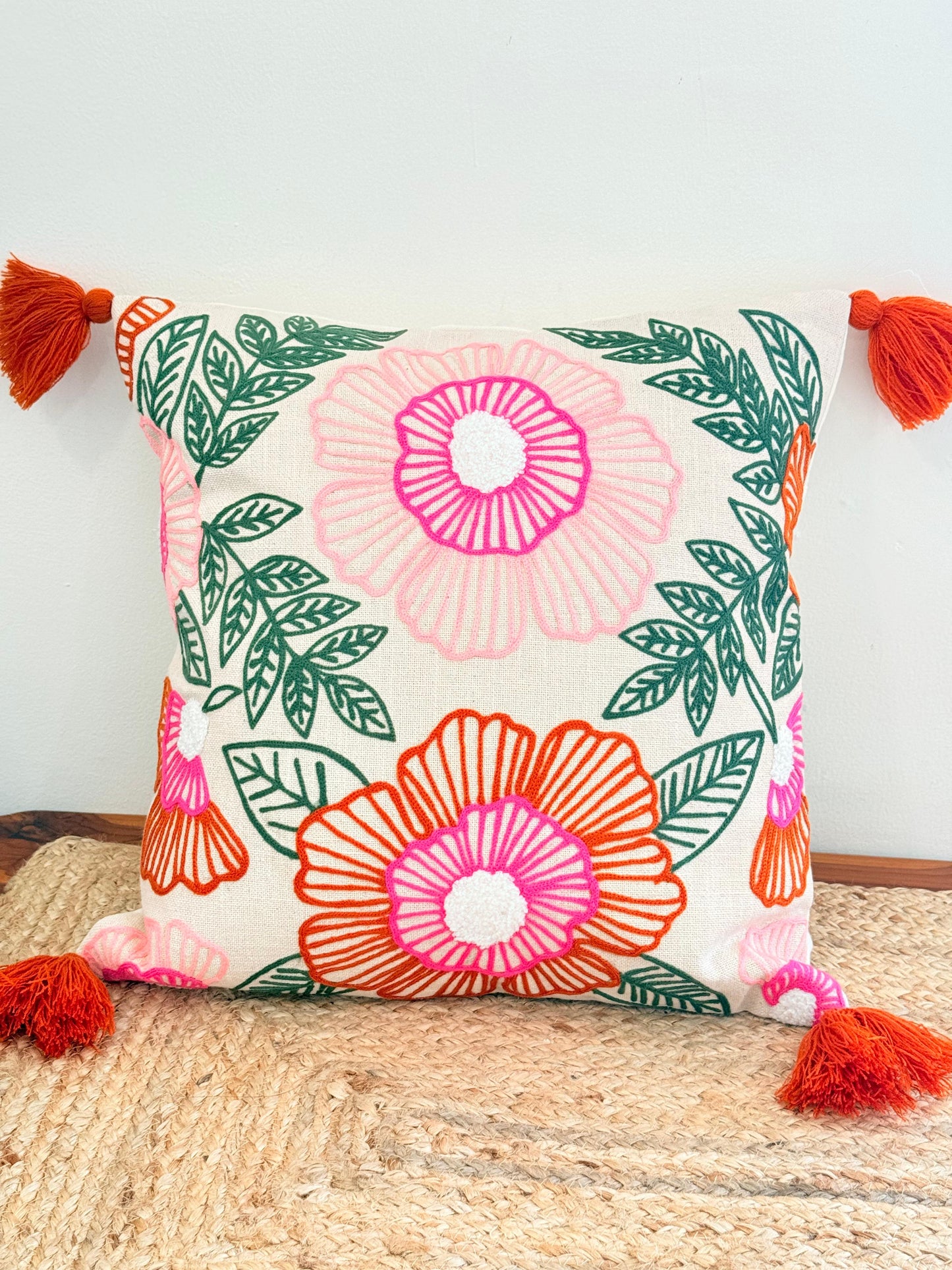 Pop Embroidery Festive Cushion Cover with Pom-Poms – Vibrant Decorative Pillow Cover for Festive Décor