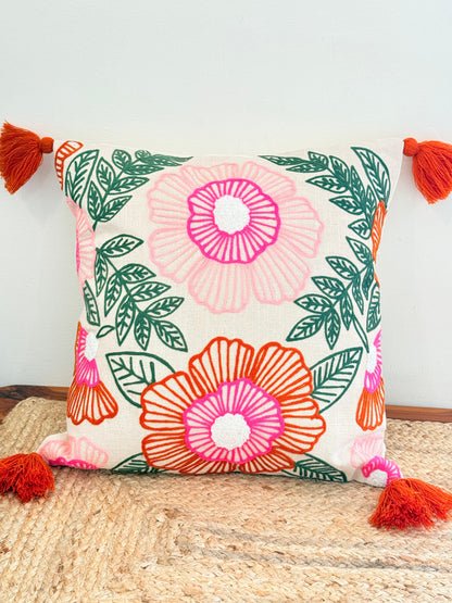 Pop Embroidery Festive Cushion Cover with Pom-Poms – Vibrant Decorative Pillow Cover for Festive Décor