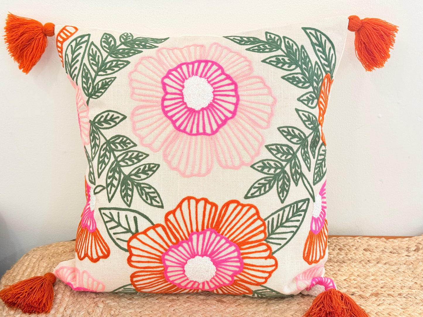 Pop Embroidery Festive Cushion Cover with Pom-Poms – Vibrant Decorative Pillow Cover for Festive Décor