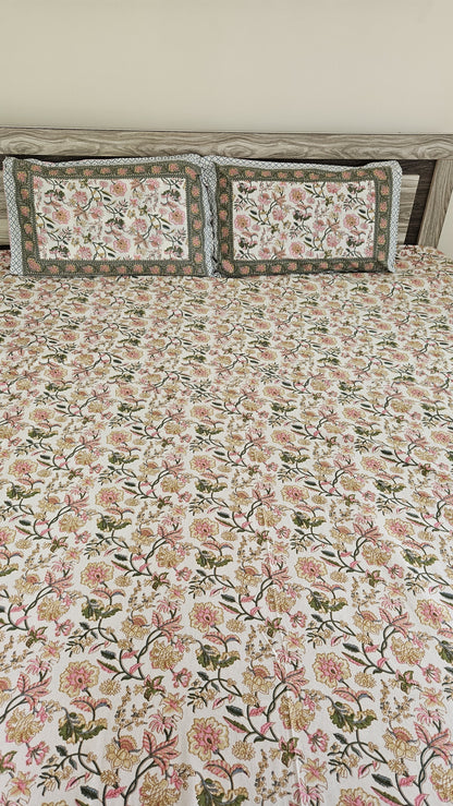 Handblock Floral Print Double Bedsheet (Yellow and Orange)