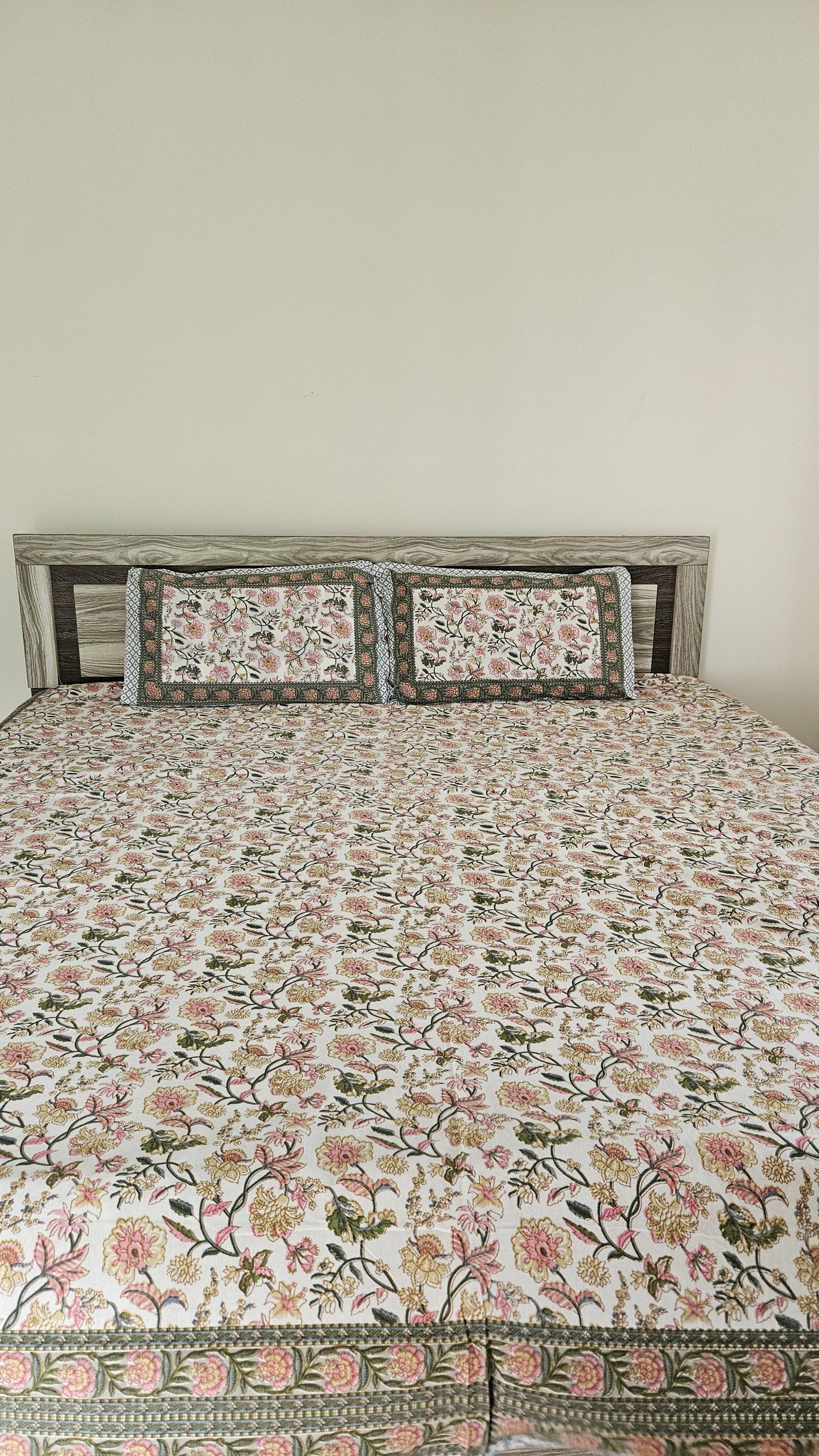 Handblock Floral Print Double Bedsheet (Yellow and Orange)