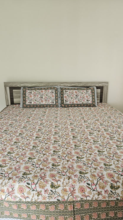 Handblock Floral Print Double Bedsheet (Yellow and Orange)