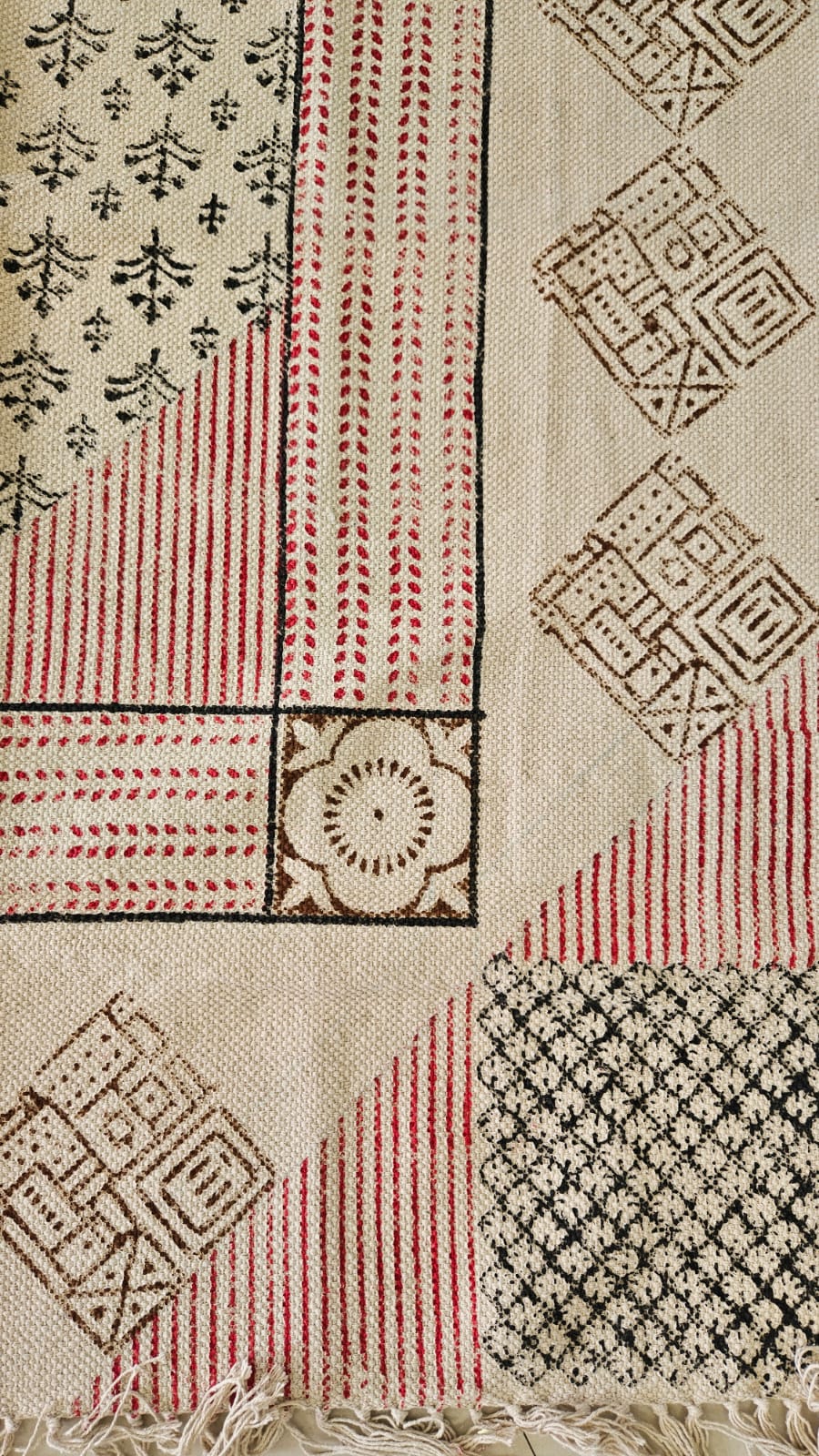 Black and Red Handblock Print Cotton Rug