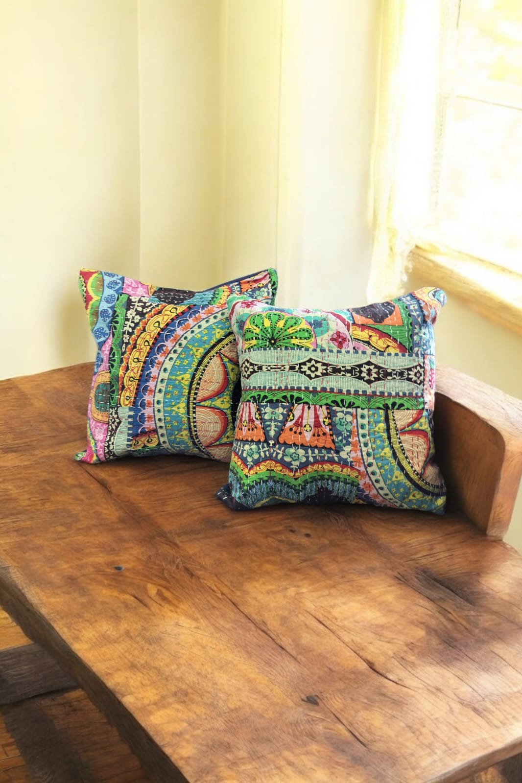 GREEN BASE MULTICOLOURED KANTHA CUSHION COVER SET OF 2