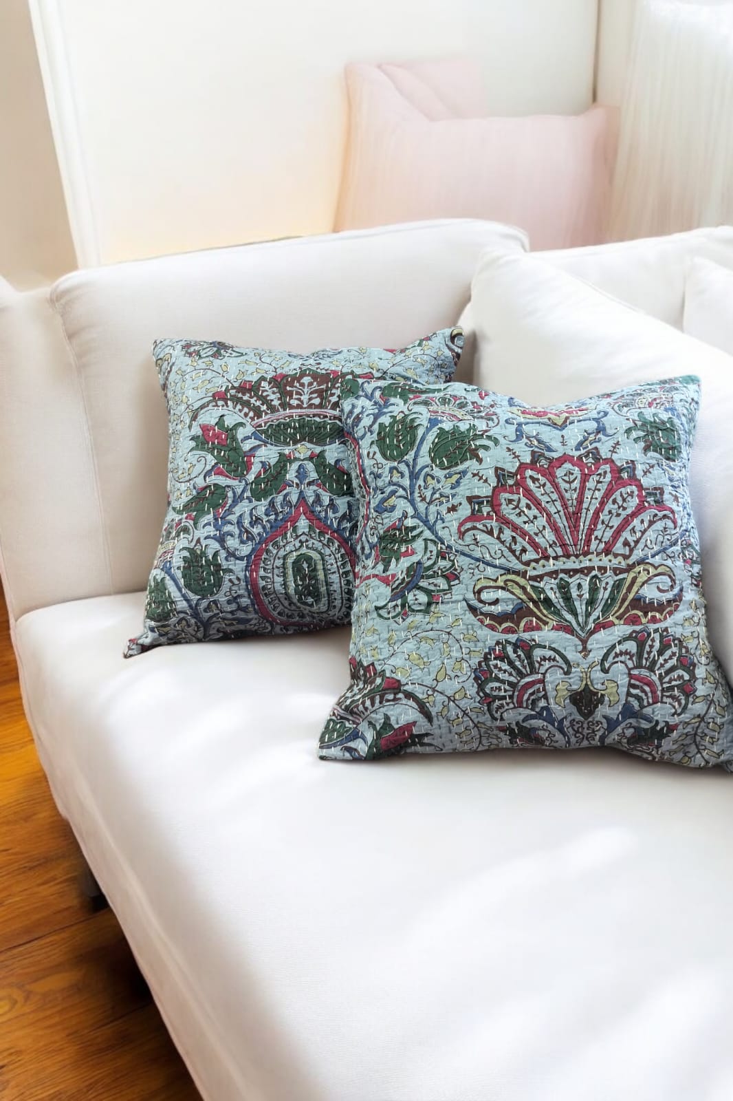 Pastel Blue Kantha Cushion Cover Set of 2