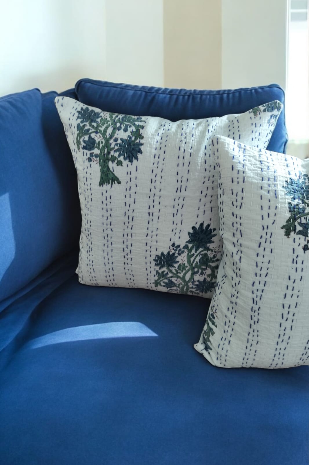 WHITE AND BLUE BUNCH OF FLOWER KANTHA CUSHION COVER SET OF 2