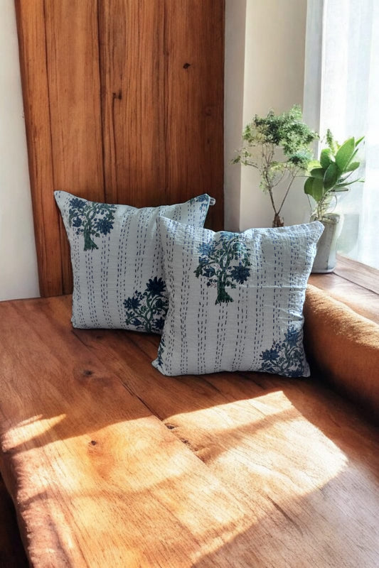 WHITE AND BLUE BUNCH OF FLOWER KANTHA CUSHION COVER SET OF 2
