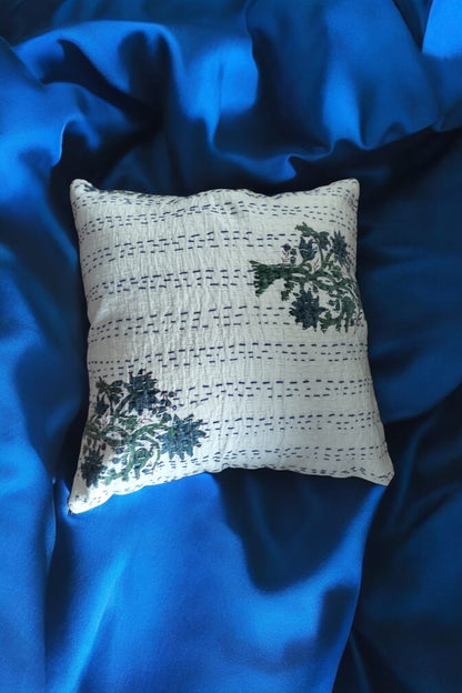 WHITE AND BLUE BUNCH OF FLOWER KANTHA CUSHION COVER SET OF 2