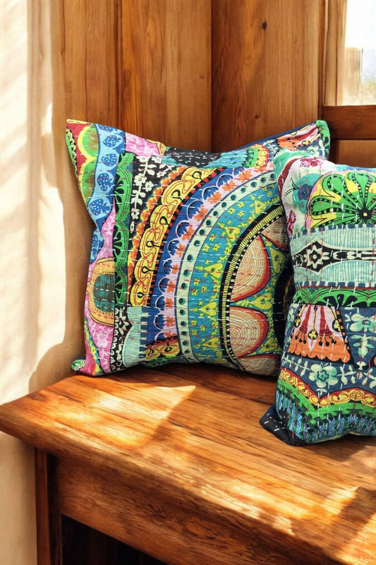 GREEN BASE MULTICOLOURED KANTHA CUSHION COVER SET OF 2