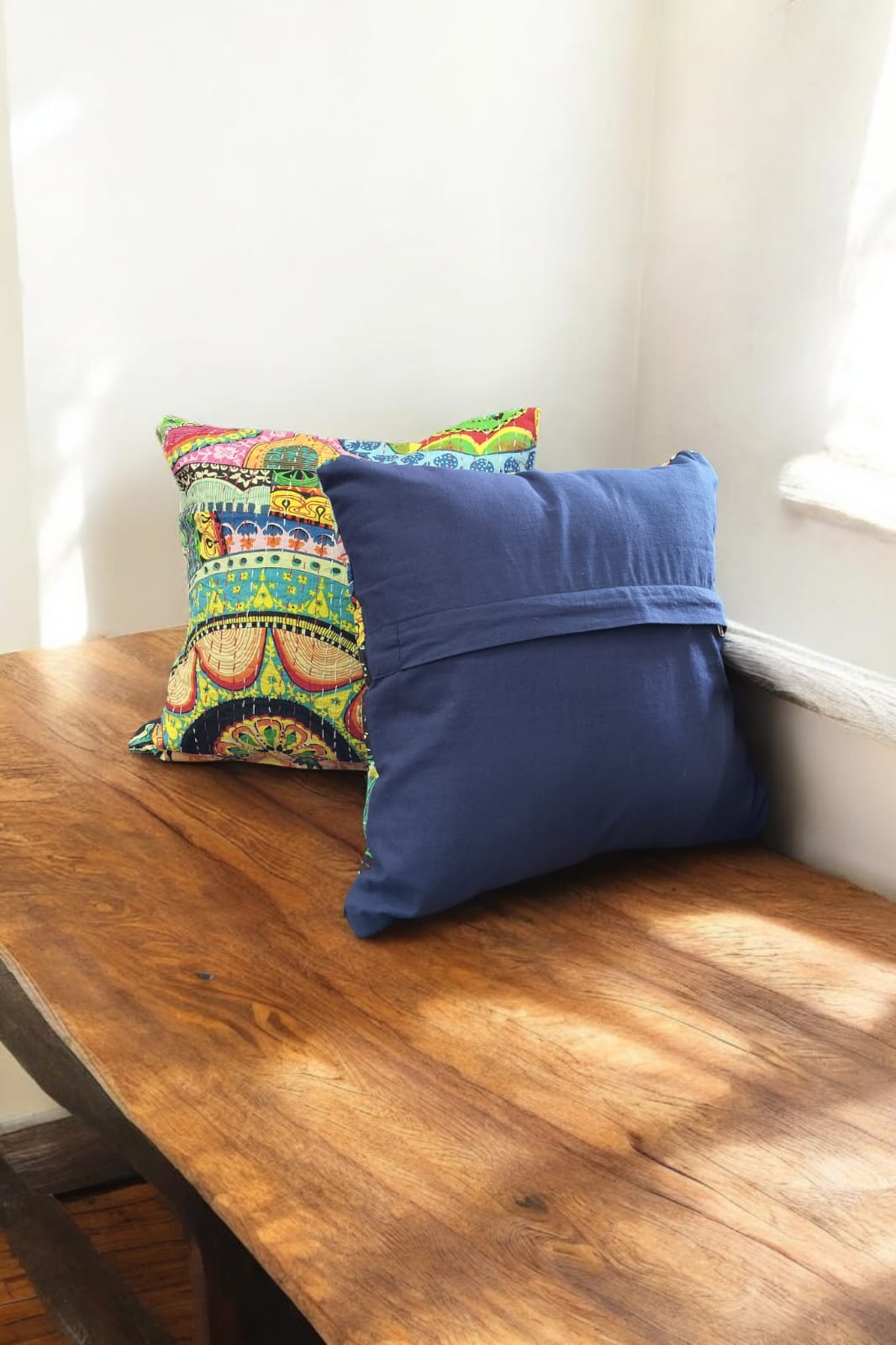 GREEN BASE MULTICOLOURED KANTHA CUSHION COVER SET OF 2