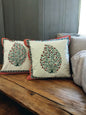 Crimson Red and Green Leaflet Quilted Handblock Cushion Cover (Set of 2)
