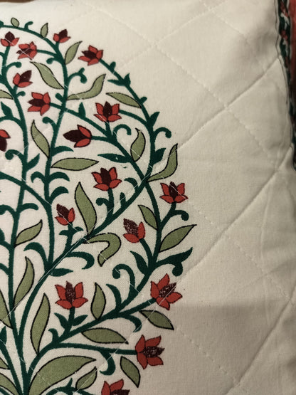 Crimson Red and Green Leaflet Quilted Handblock Cushion Cover (Set of 2)