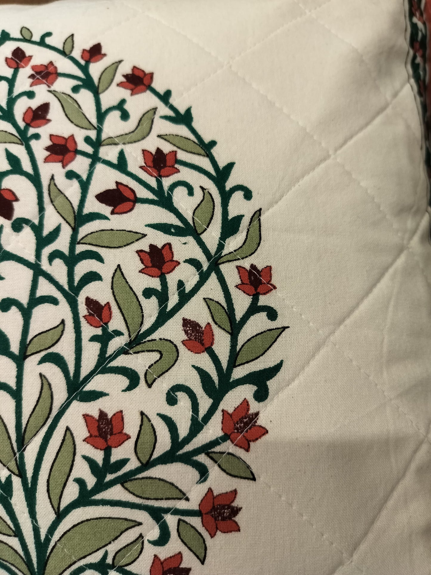Crimson Red and Green Leaflet Quilted Handblock Cushion Cover (Set of 2)