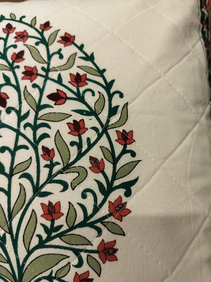 Crimson Red and Green Leaflet Quilted Handblock Cushion Cover (Set of 2)