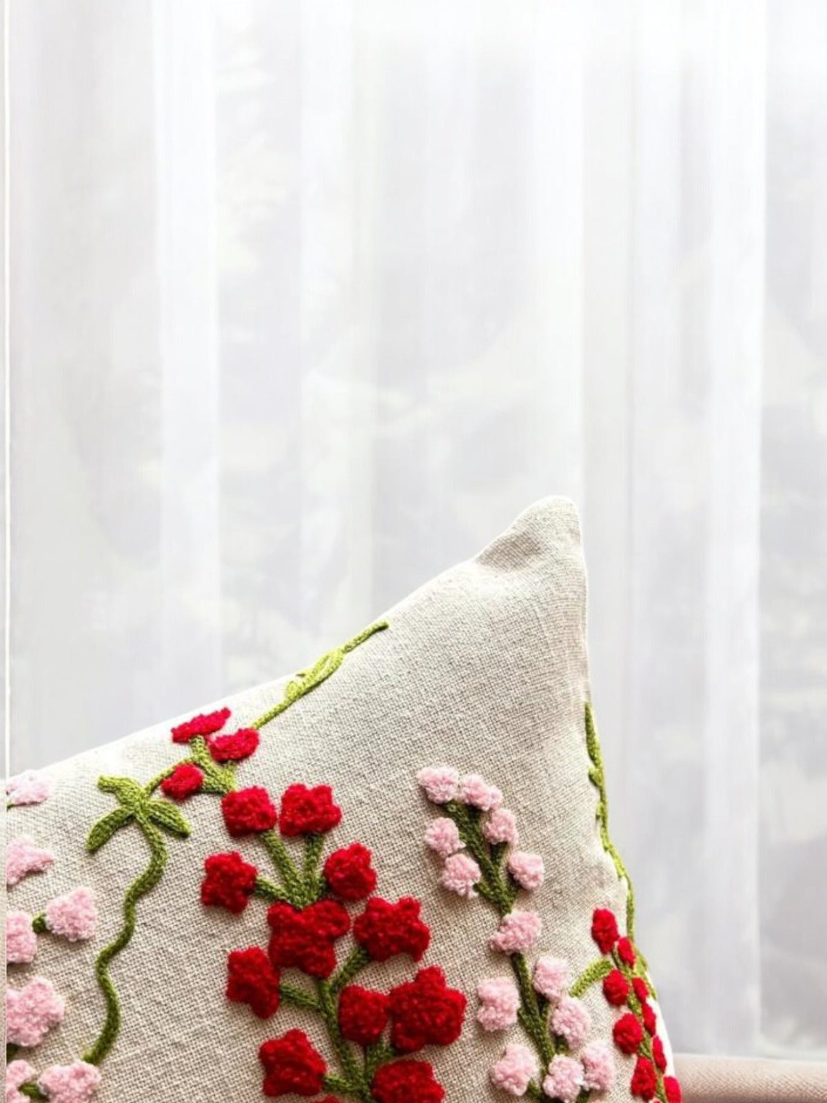 Red Flower Bunch Embroidery cushion cover