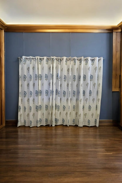 White Handblock Curtain with Blue and Green floral pattern 2