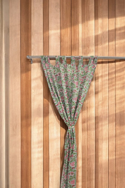 GREEN FLORAL CURTAIN WITH RED FLOWER SET OF 2