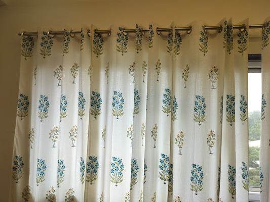 White Handblock Curtain with Blue and Green floral pattern 2