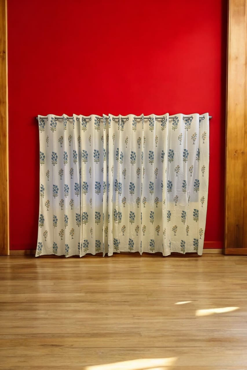 White Handblock Curtain with Blue and Green floral pattern 2
