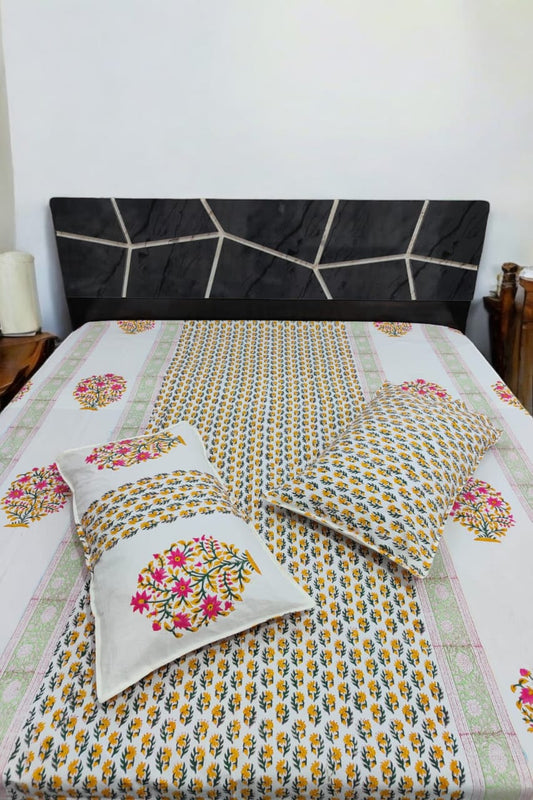 Handblock Floral Abstract Print Bedsheet (White and Pink)