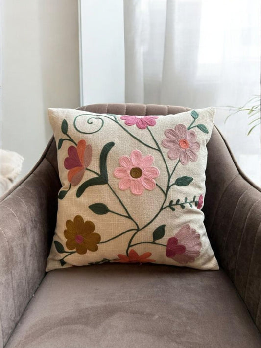 PINK AND WHITE BUNCH EMBROIDERY CUSHION COVER