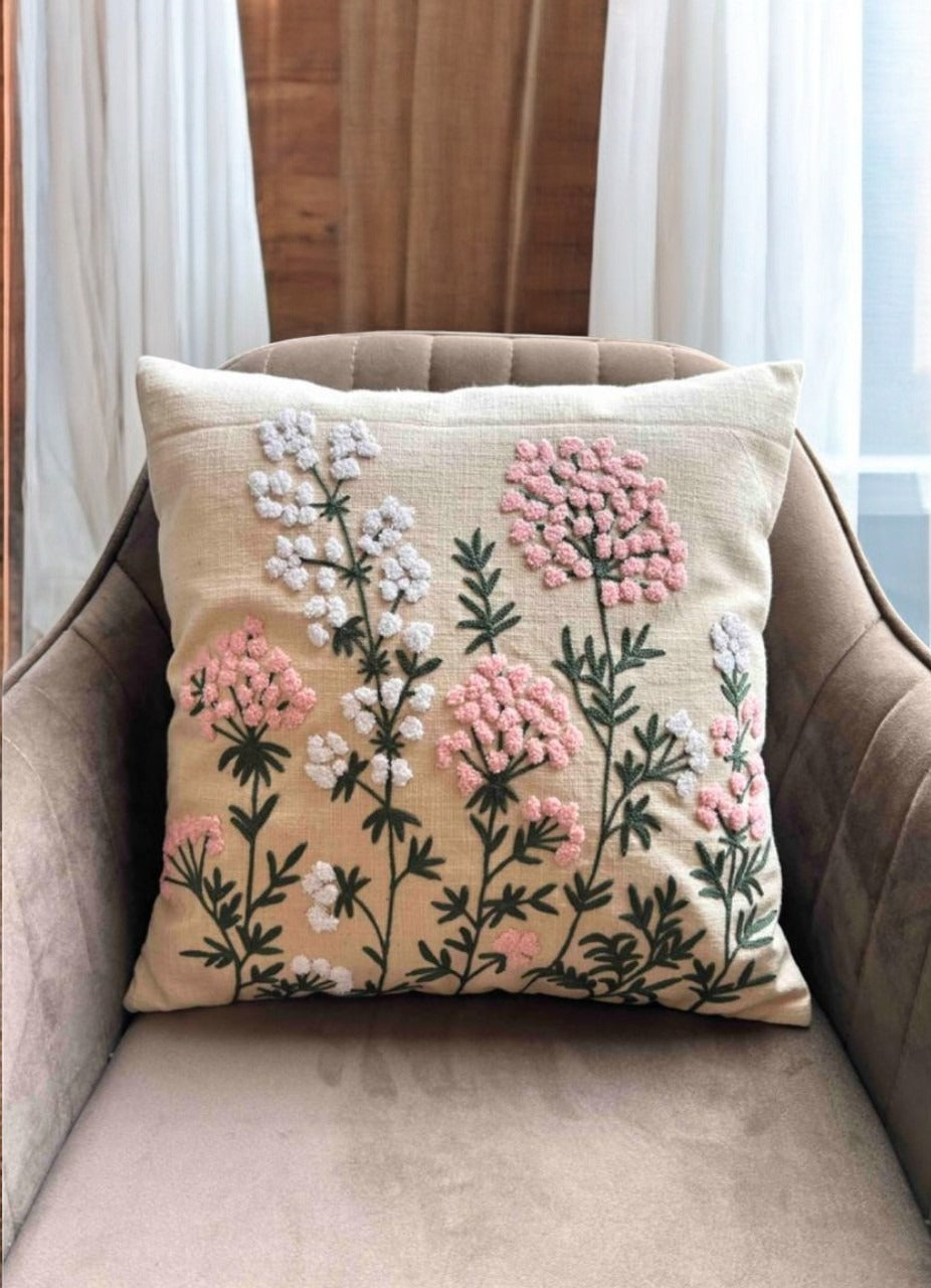PINK AND WHITE BUNCH EMBROIDERY CUSHION COVER