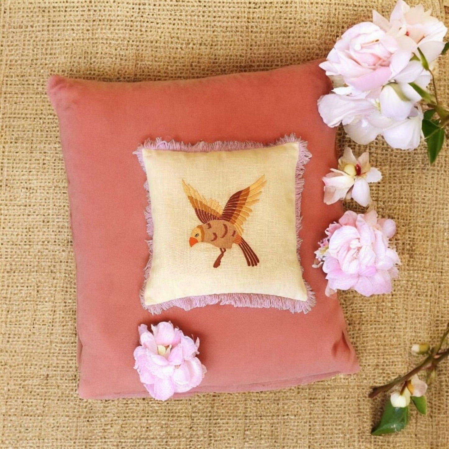 PINK BIRD FRILL CUSHION COVER